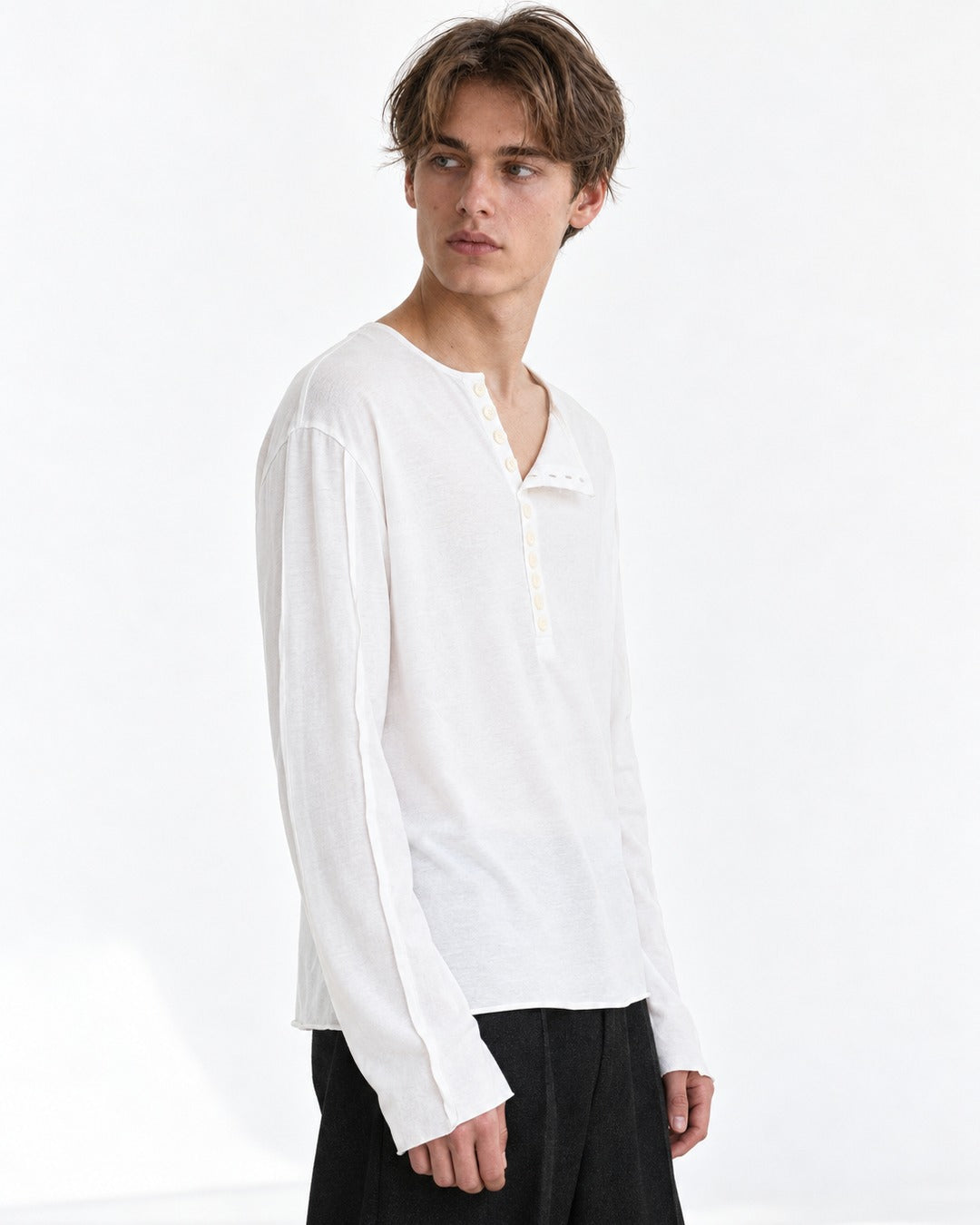 Asymmetric Diagonal-Placket Henley with Raw-Edge Hem