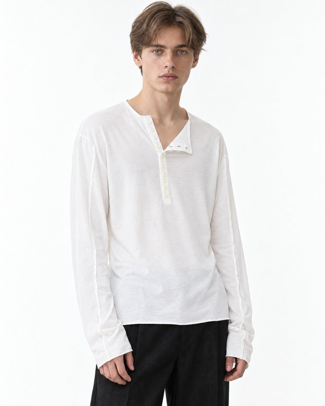 Asymmetric Diagonal-Placket Henley with Raw-Edge Hem