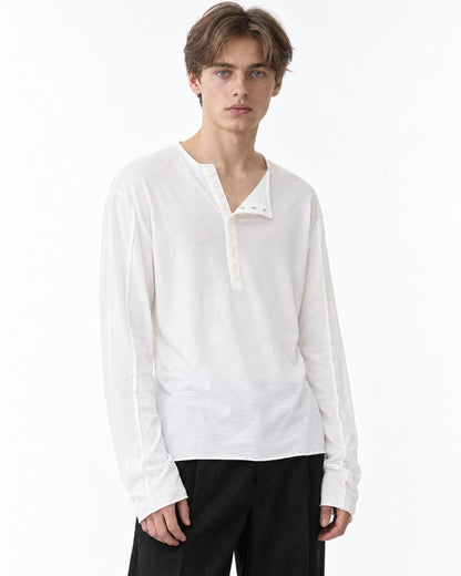 Asymmetric Diagonal-Placket Henley with Raw-Edge Hem