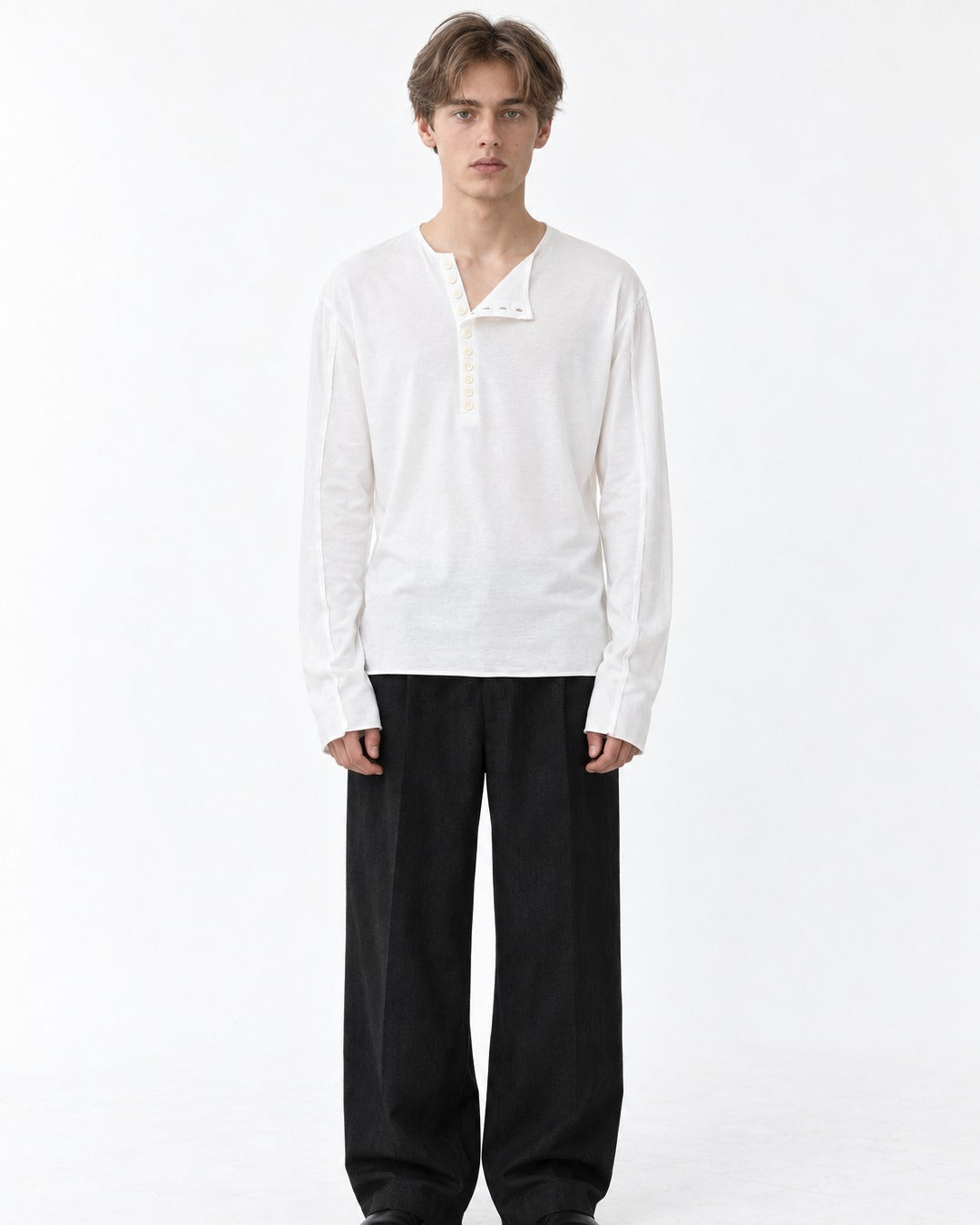 Asymmetric Diagonal-Placket Henley with Raw-Edge Hem