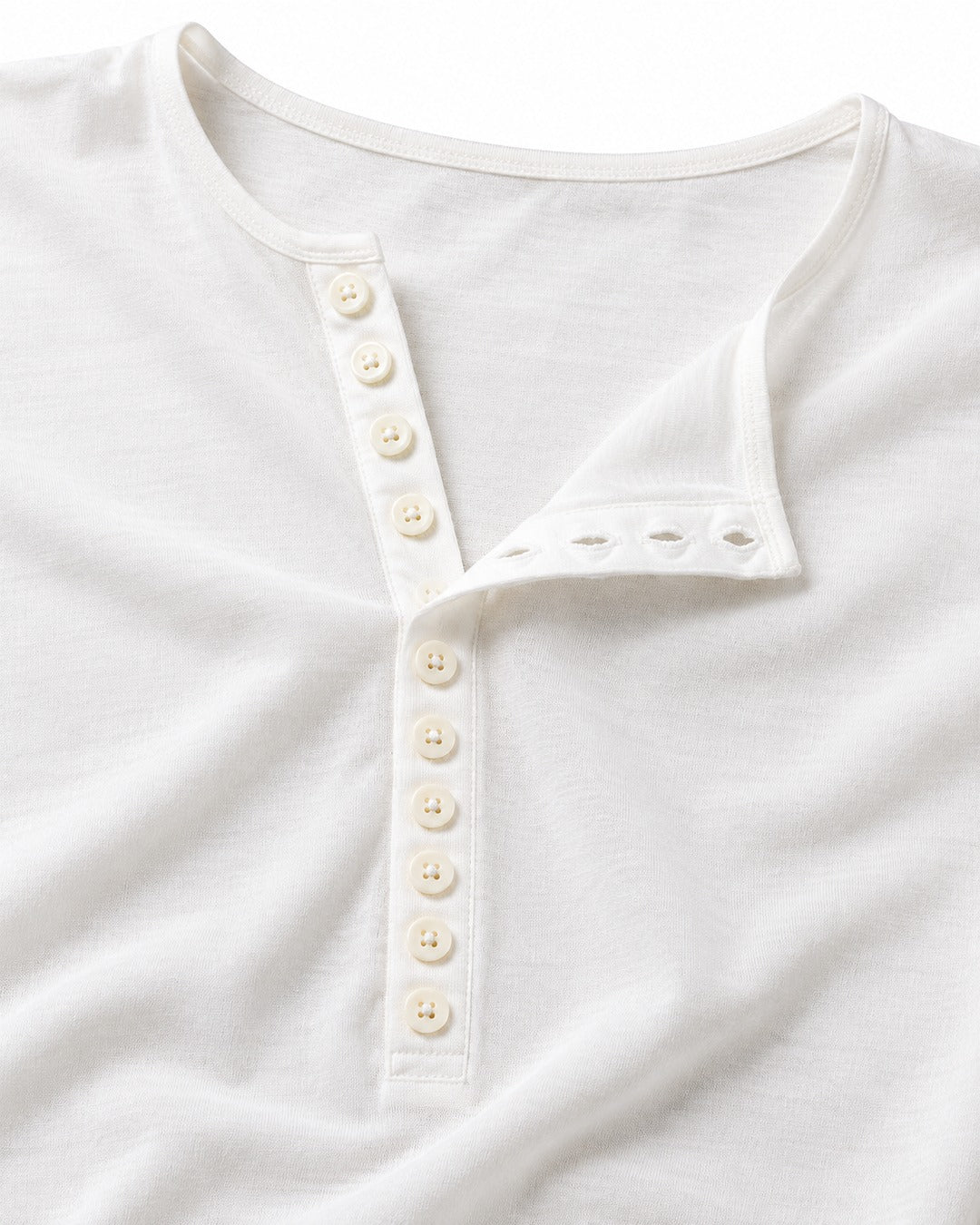 Asymmetric Diagonal-Placket Henley with Raw-Edge Hem