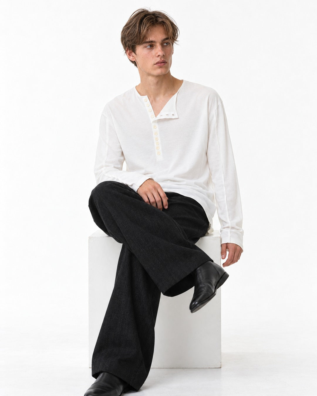 Asymmetric Diagonal-Placket Henley with Raw-Edge Hem
