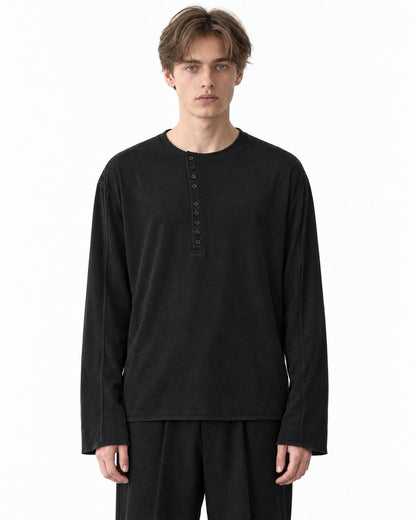 Asymmetric Diagonal-Placket Henley with Raw-Edge Hem