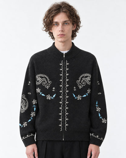 Floral-Embroidered Stand-Collar Cardigan