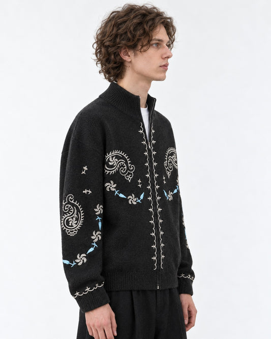 Floral-Embroidered Stand-Collar Cardigan