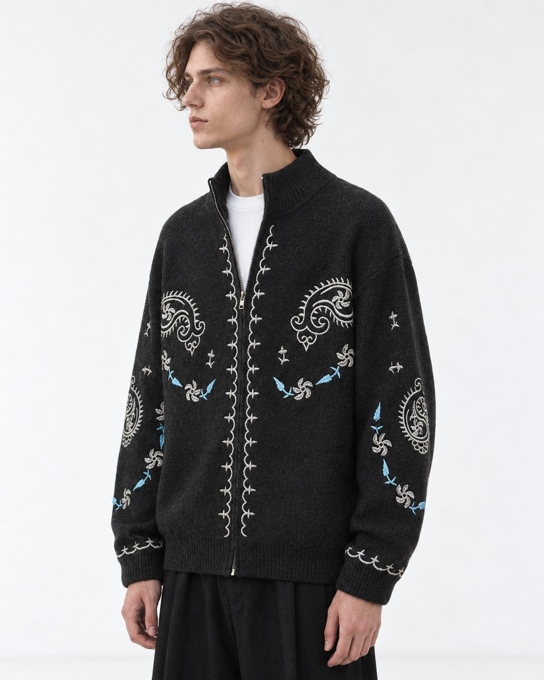Floral-Embroidered Stand-Collar Cardigan