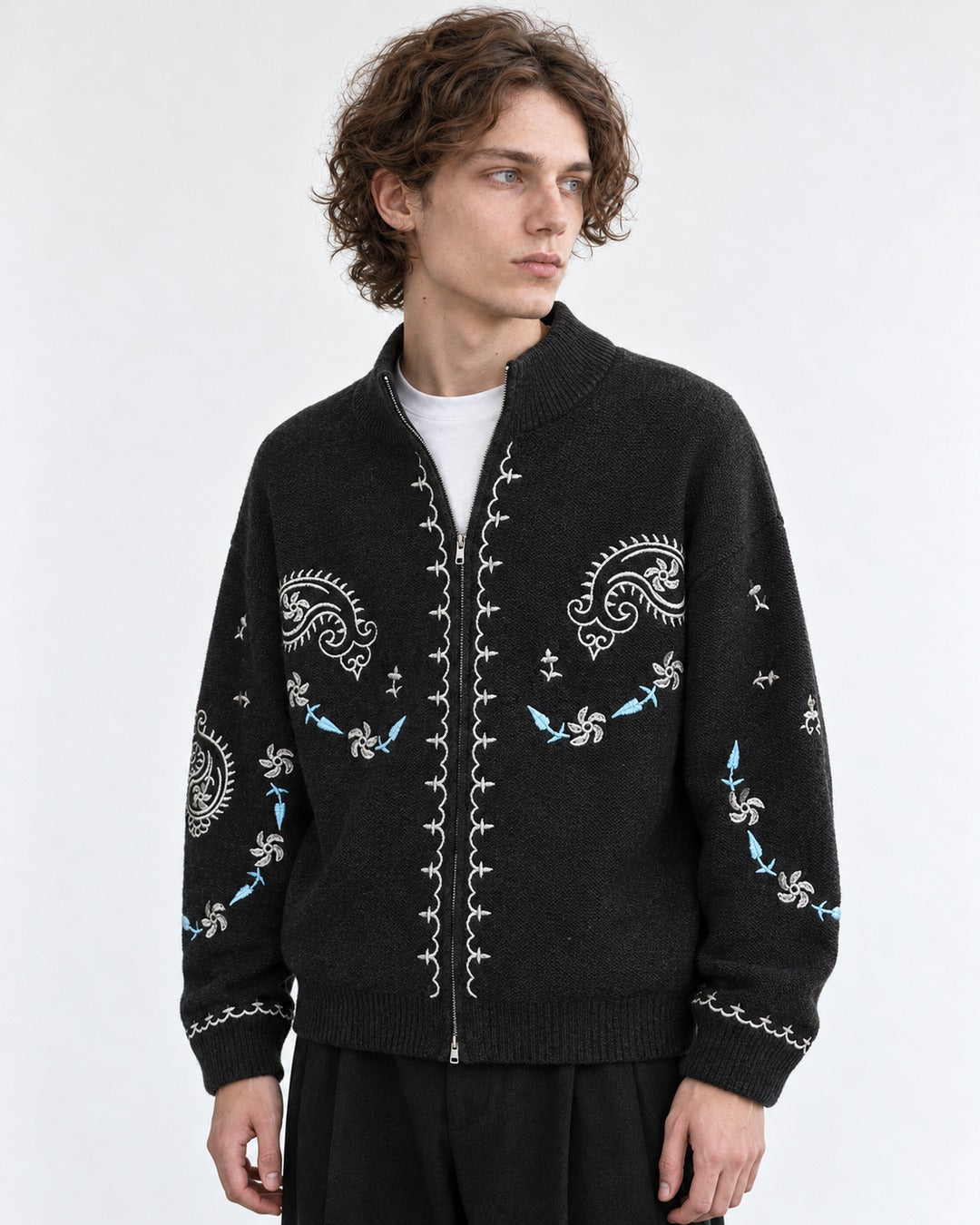 Floral-Embroidered Stand-Collar Cardigan