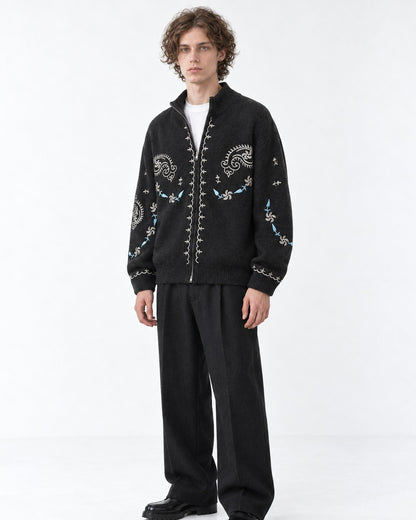 Floral-Embroidered Stand-Collar Cardigan