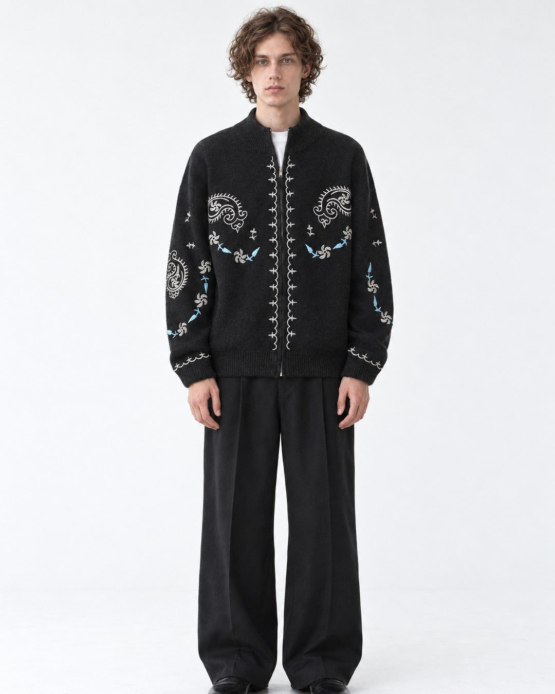 Floral-Embroidered Stand-Collar Cardigan