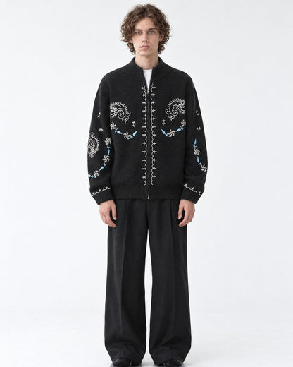 Floral-Embroidered Stand-Collar Cardigan