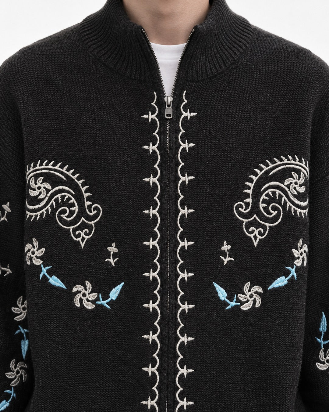 Floral-Embroidered Stand-Collar Cardigan