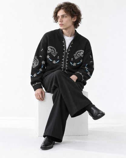 Floral-Embroidered Stand-Collar Cardigan