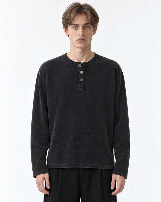 3-Button Waffle Henley Long-Sleeve Top