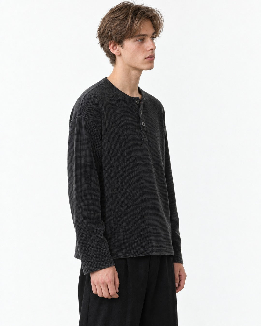 3-Button Waffle Henley Long-Sleeve Top