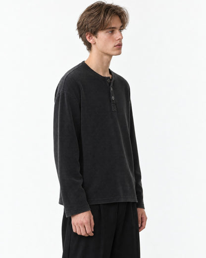 3-Button Waffle Henley Long-Sleeve Top