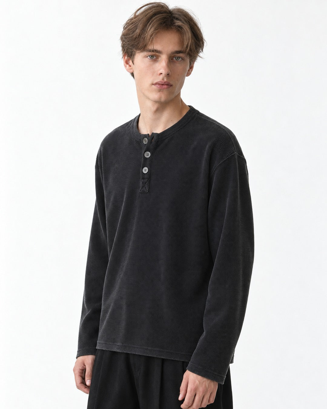 3-Button Waffle Henley Long-Sleeve Top