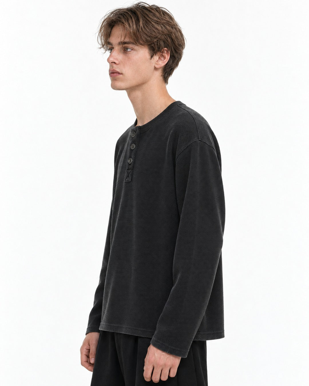 3-Button Waffle Henley Long-Sleeve Top