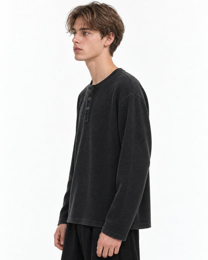 3-Button Waffle Henley Long-Sleeve Top