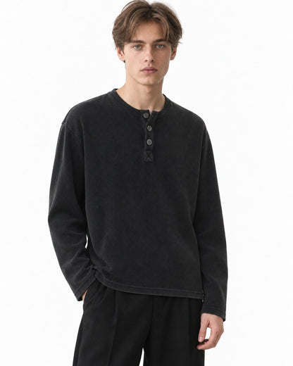 3-Button Waffle Henley Long-Sleeve Top