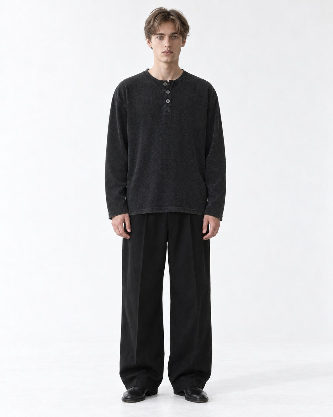 3-Button Waffle Henley Long-Sleeve Top