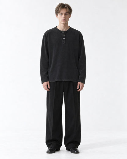 3-Button Waffle Henley Long-Sleeve Top