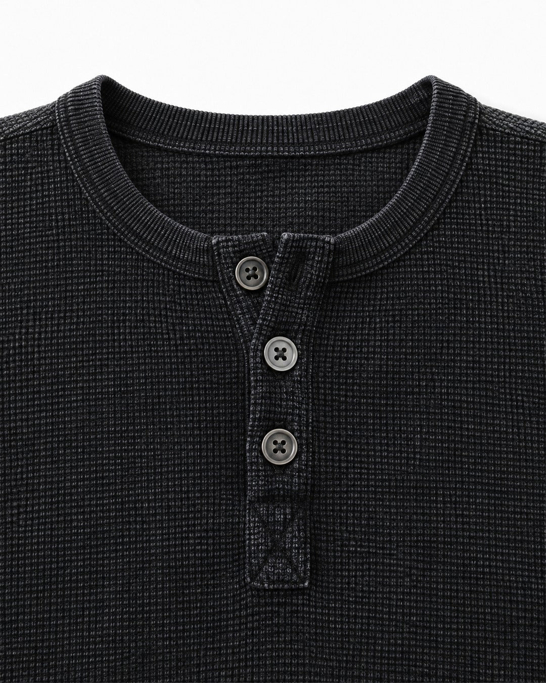 3-Button Waffle Henley Long-Sleeve Top