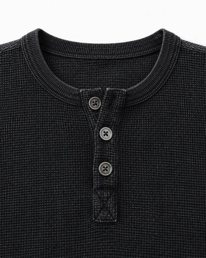 3-Button Waffle Henley Long-Sleeve Top