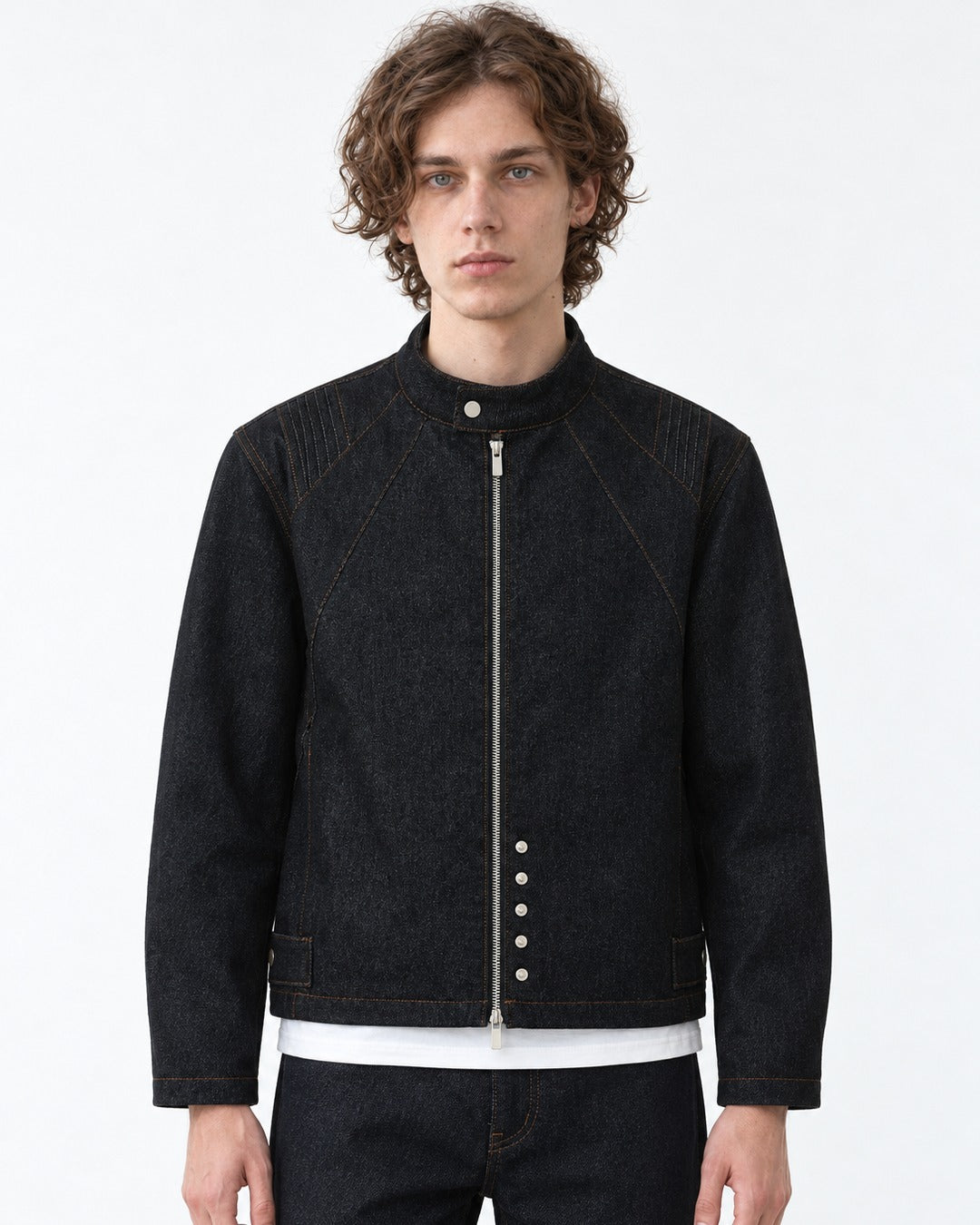 Snap Collar Trucker Jacket & Flare Pants Set-Up