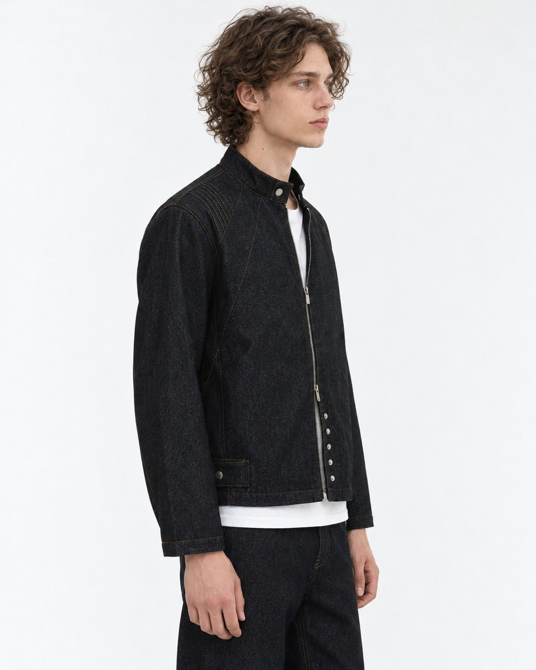 Snap Collar Trucker Jacket & Flare Pants Set-Up