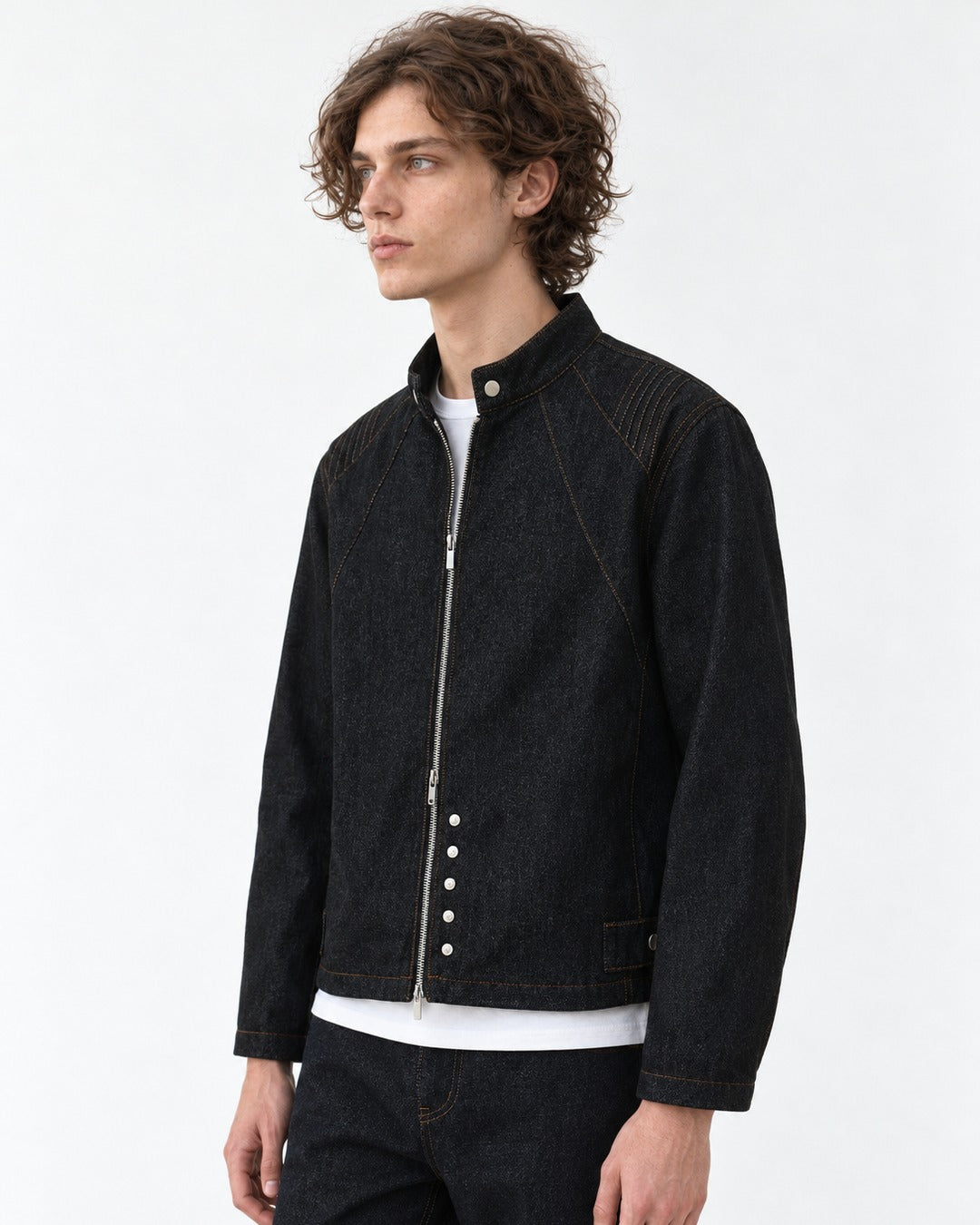 Snap Collar Trucker Jacket & Flare Pants Set-Up