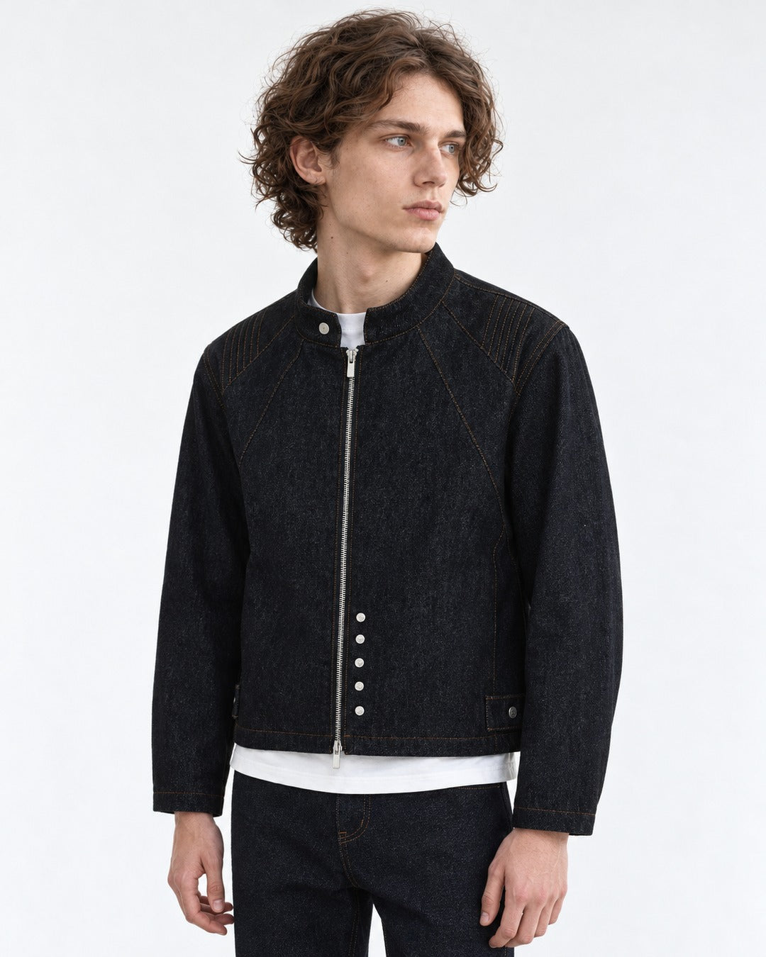 Snap Collar Trucker Jacket & Flare Pants Set-Up