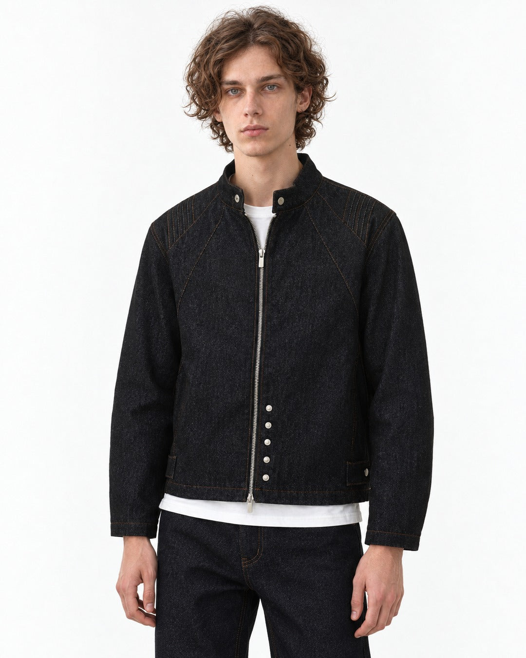 Snap Collar Trucker Jacket & Flare Pants Set-Up