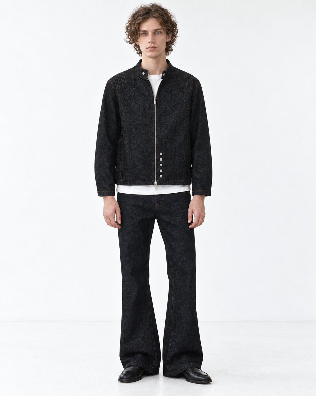Snap Collar Trucker Jacket & Flare Pants Set-Up