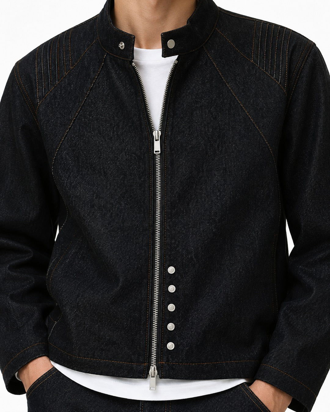 Snap Collar Trucker Jacket & Flare Pants Set-Up