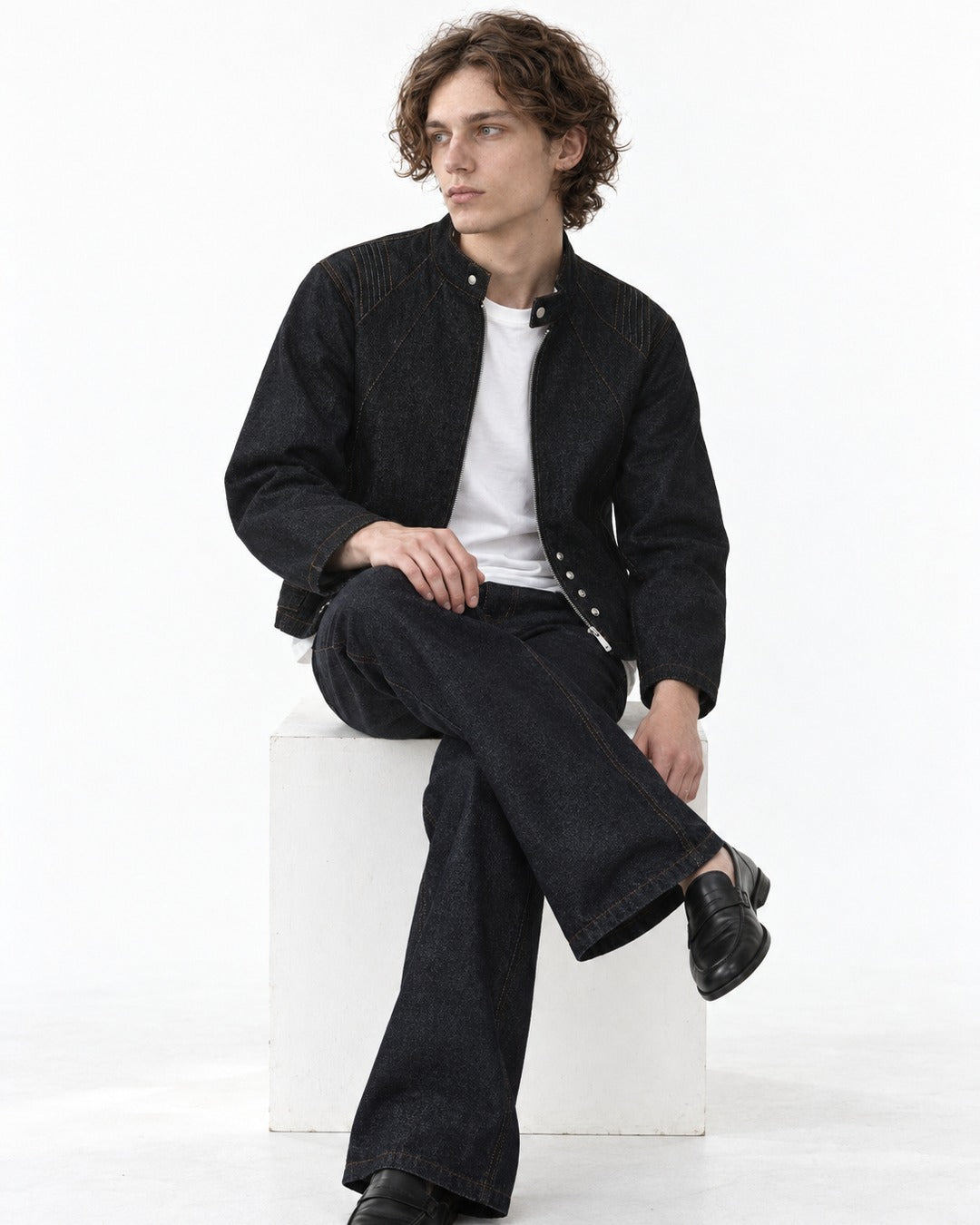 Snap Collar Trucker Jacket & Flare Pants Set-Up