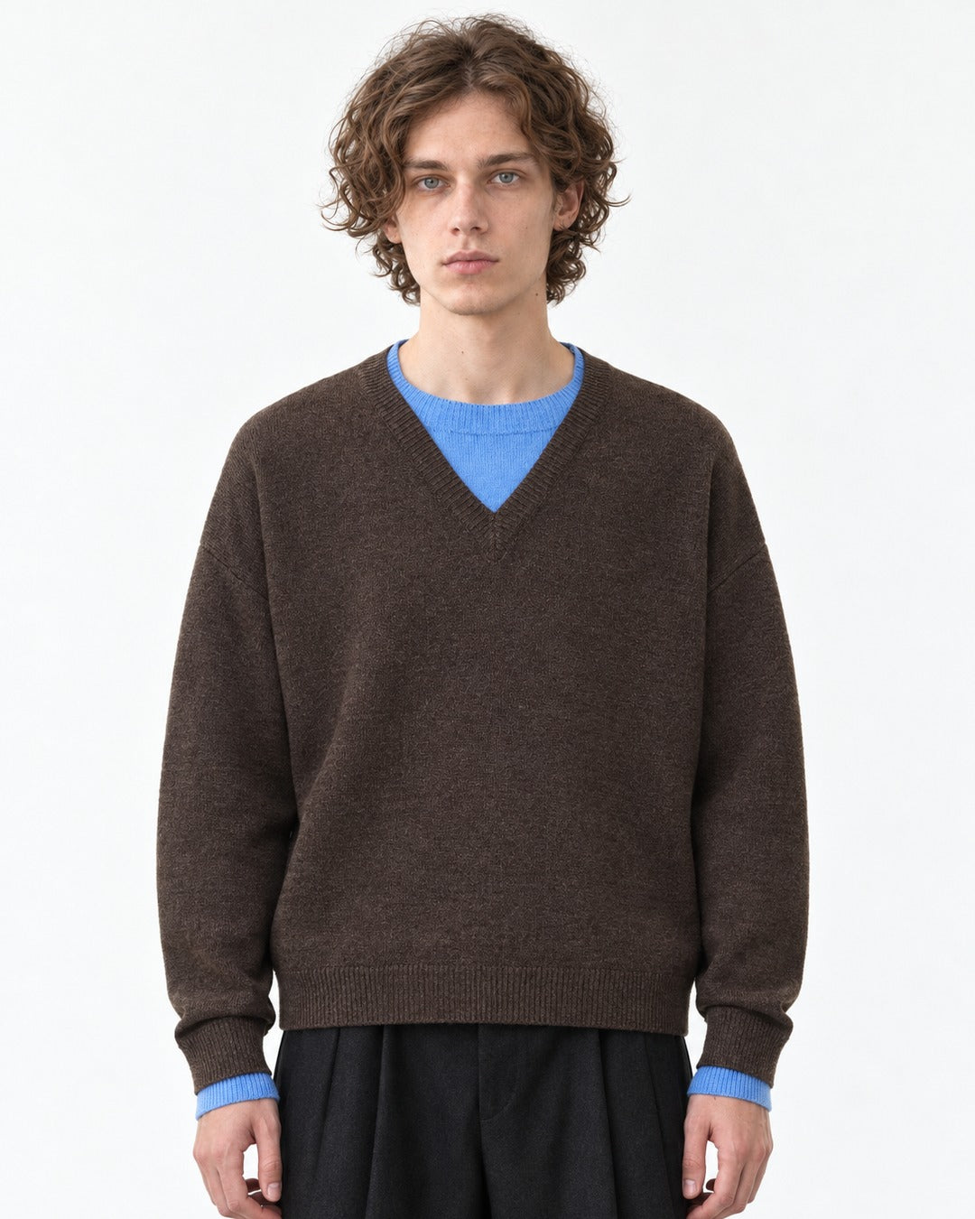 Contrast-Trim V-Neck Boxy Sweater
