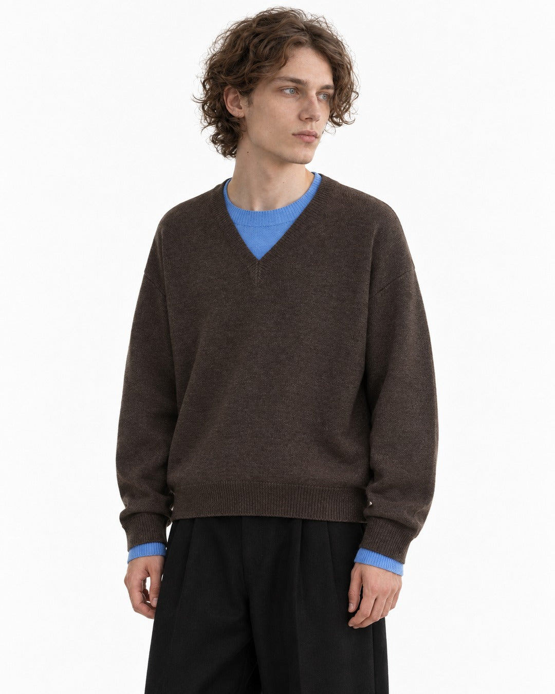 Contrast-Trim V-Neck Boxy Sweater