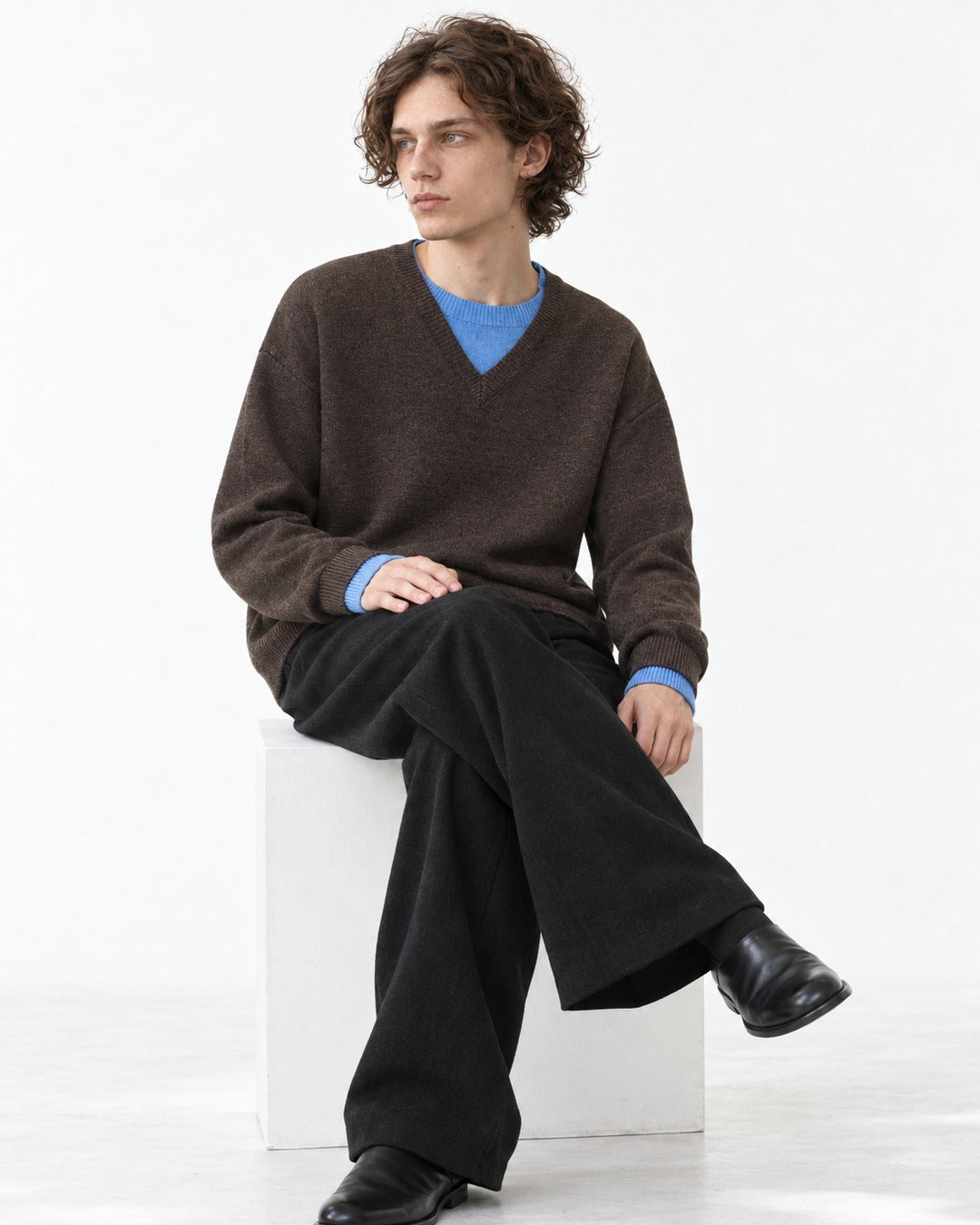Contrast-Trim V-Neck Boxy Sweater