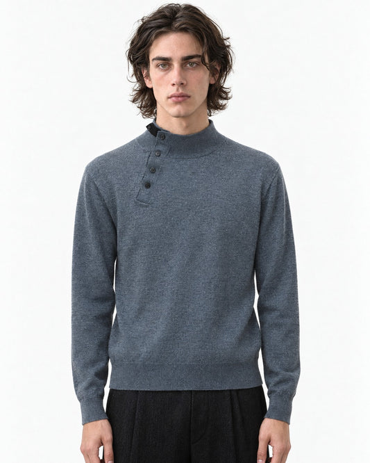 Diagonal Button Mock Neck Sweater
