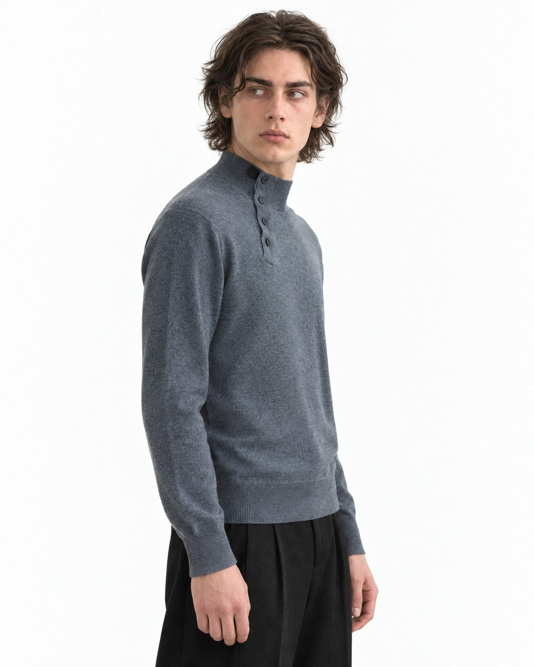 Diagonal Button Mock Neck Sweater