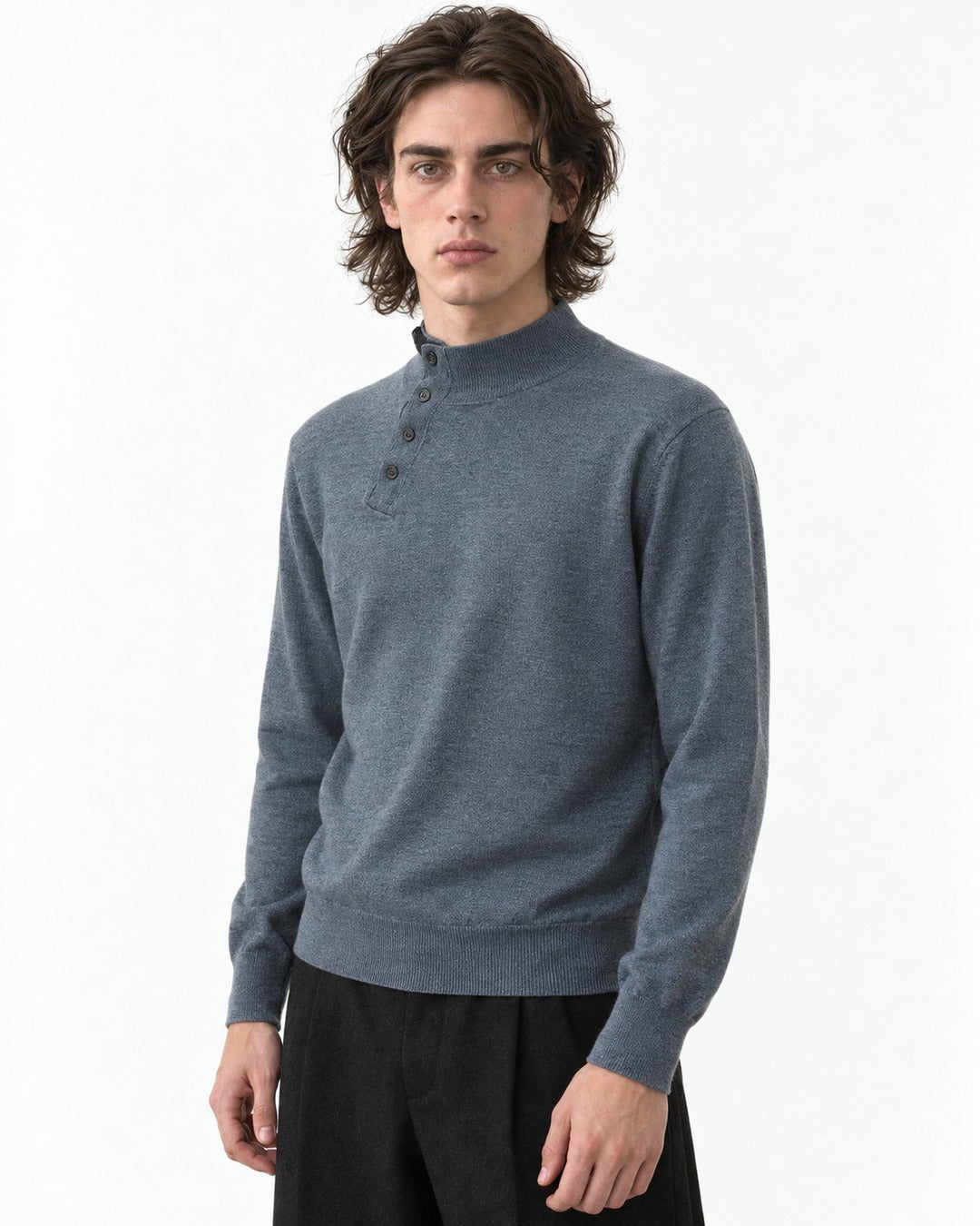 Diagonal Button Mock Neck Sweater
