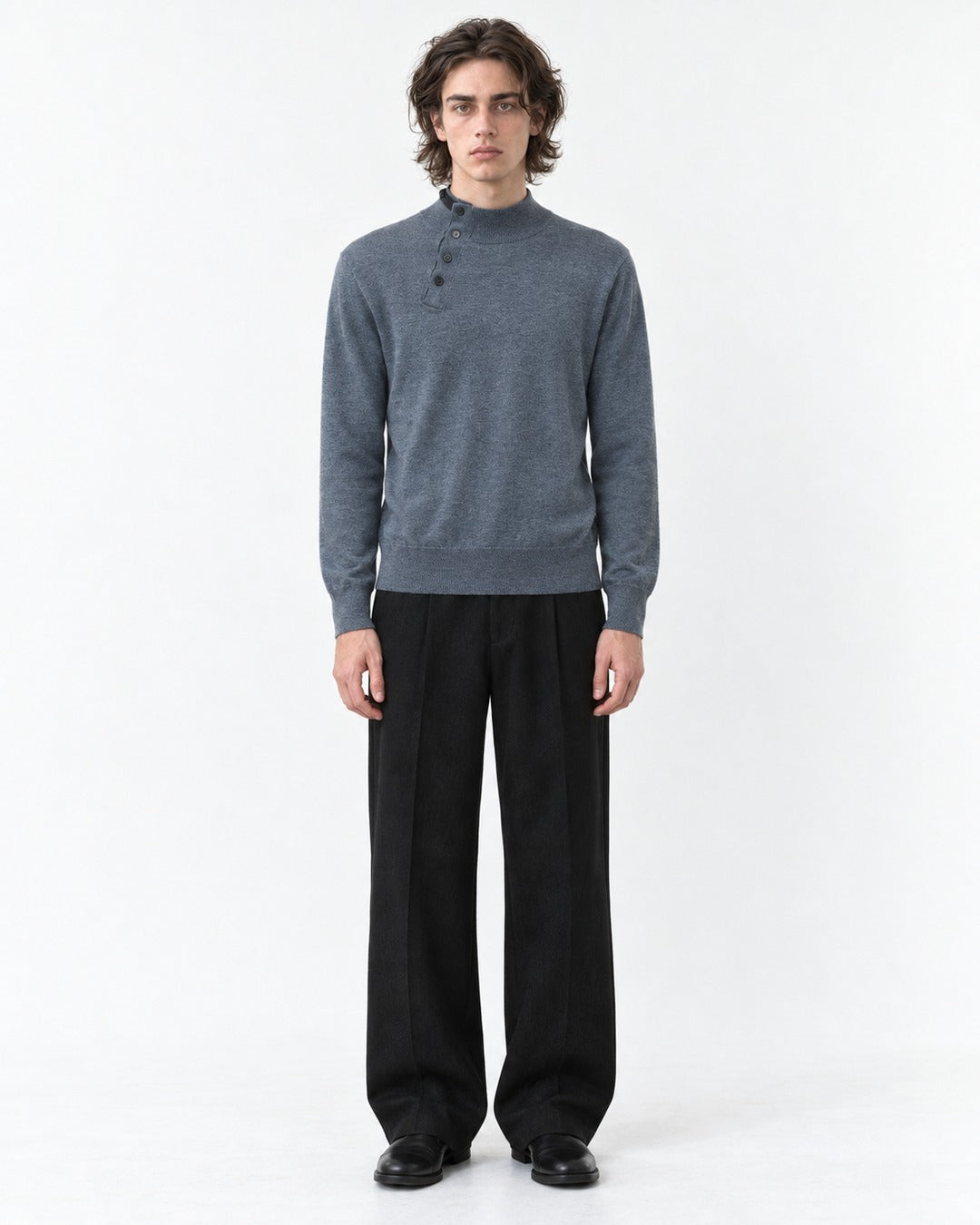 Diagonal Button Mock Neck Sweater