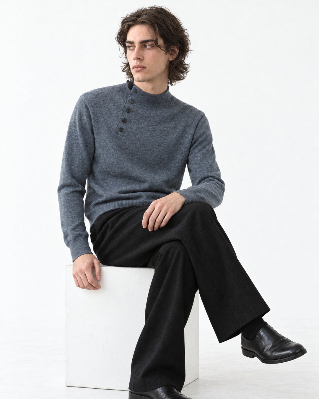 Diagonal Button Mock Neck Sweater