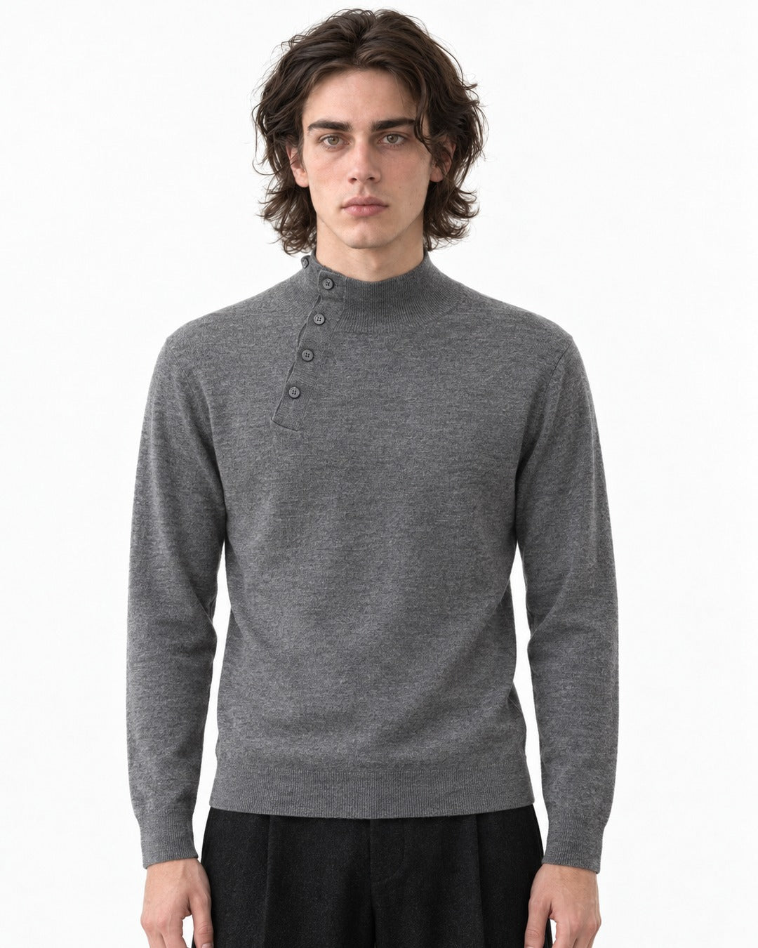 Diagonal Button Mock Neck Sweater