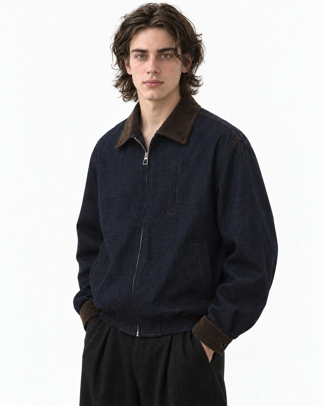 Two-Tone Collar Zip-Front Jacket