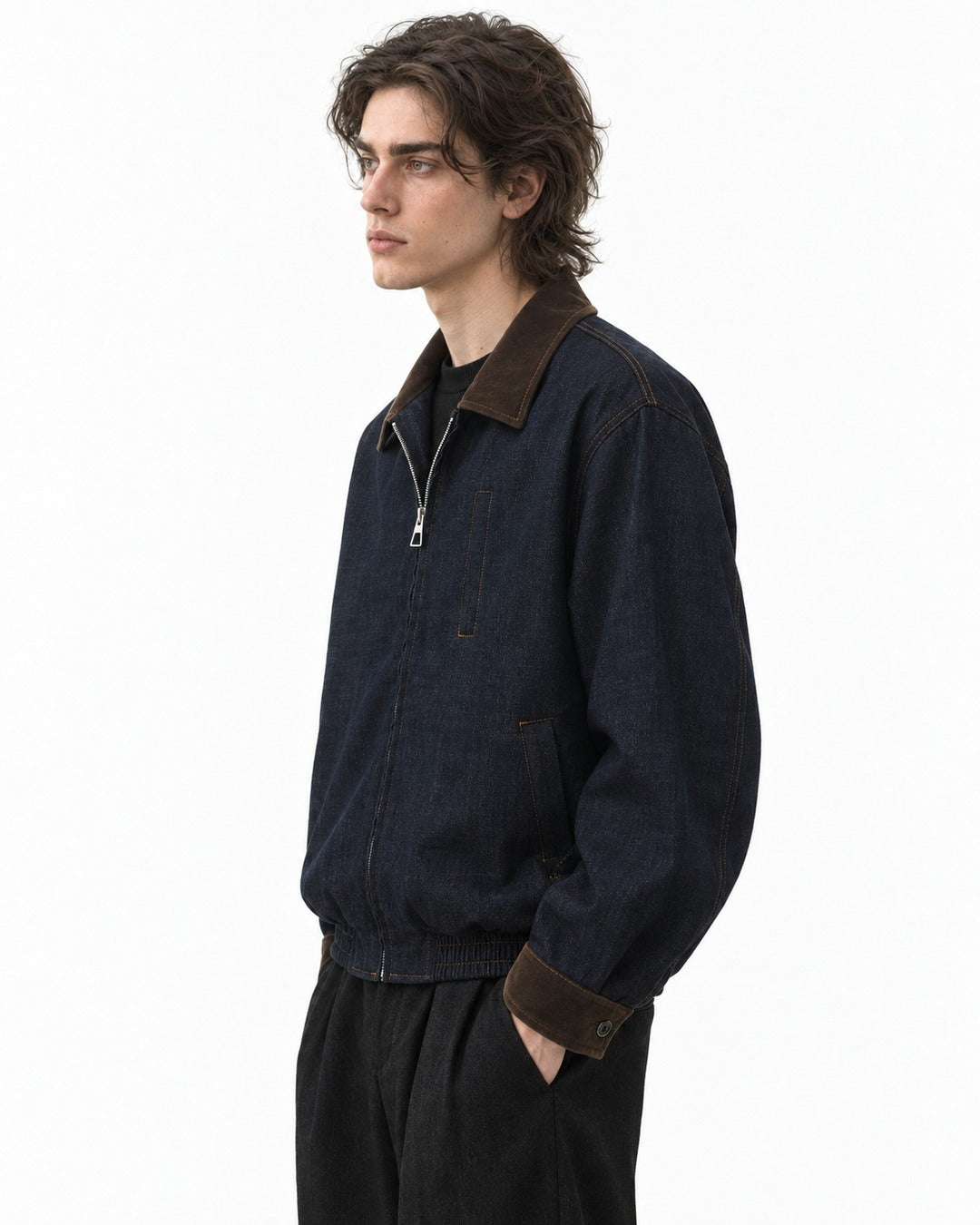 Two-Tone Collar Zip-Front Jacket