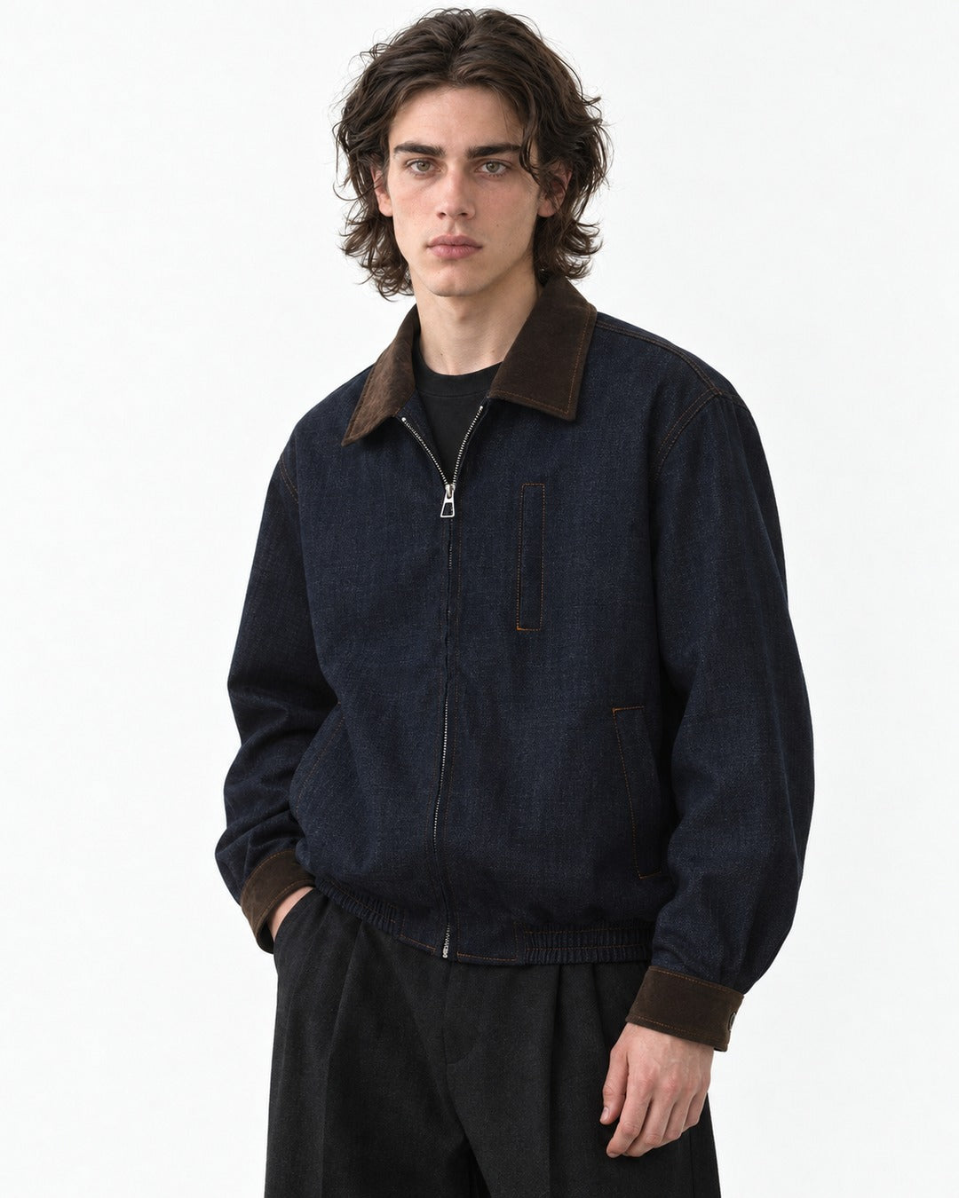 Two-Tone Collar Zip-Front Jacket