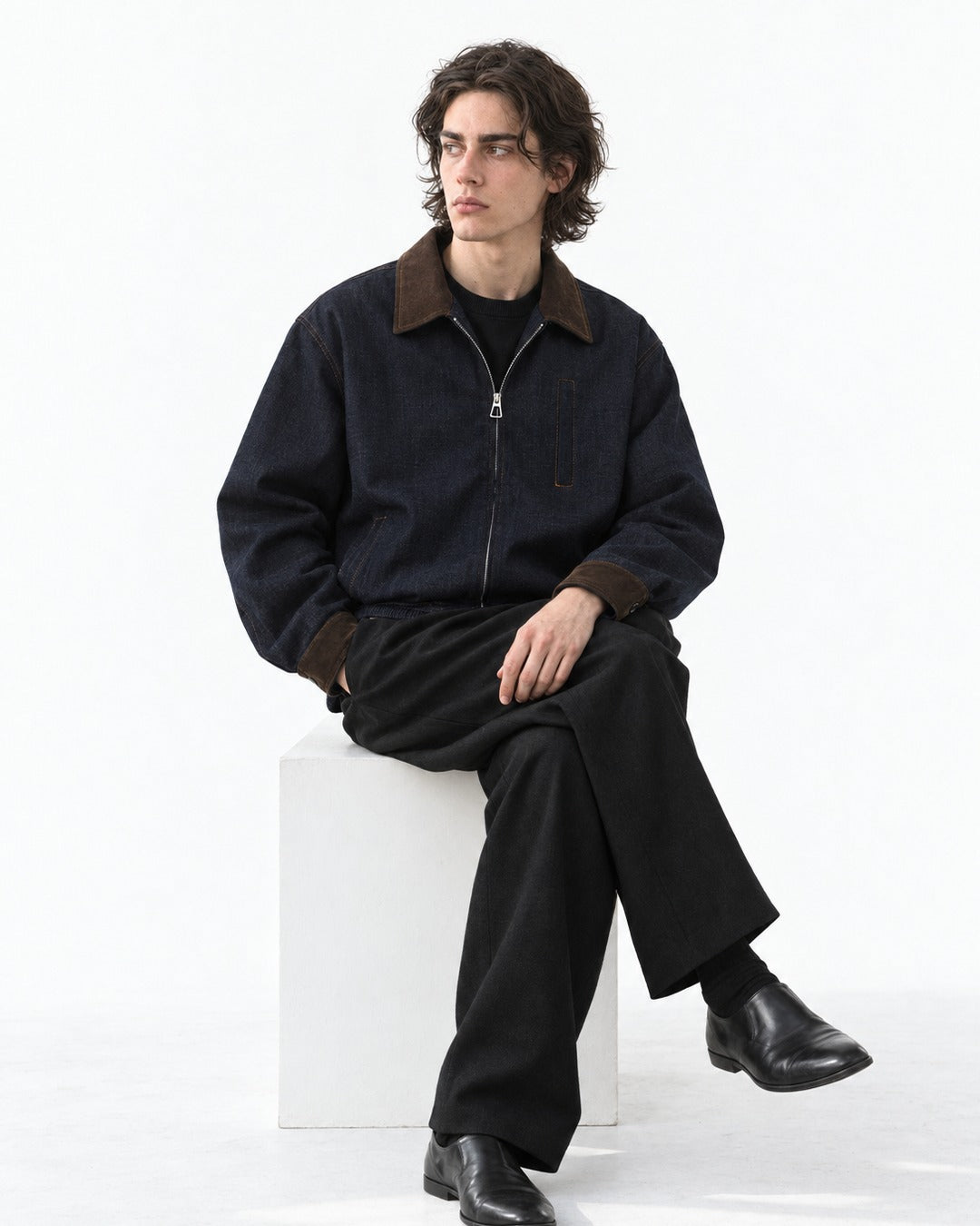 Two-Tone Collar Zip-Front Jacket