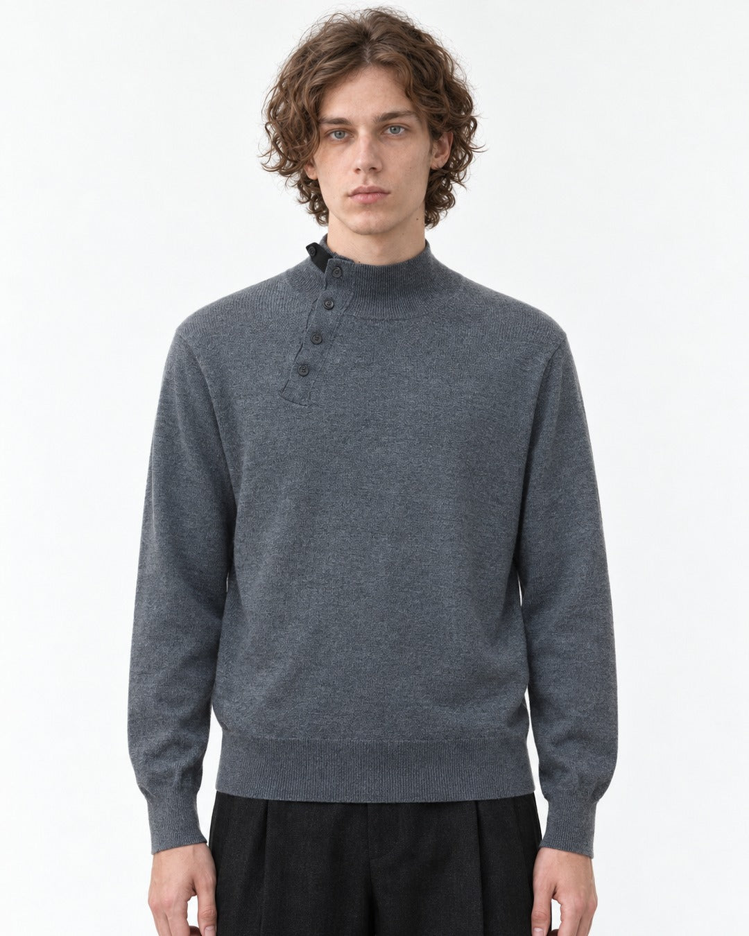 Button-Placket Mock Neck Sweater