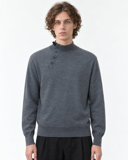 Button-Placket Mock Neck Sweater